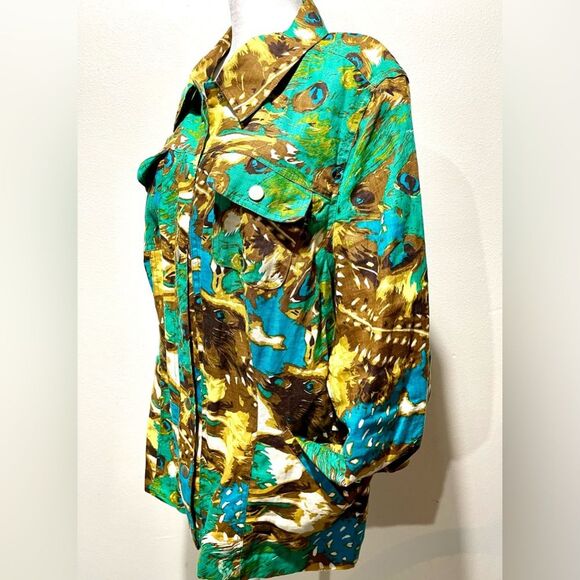 Richard Malcolm linen jacket utility pockets colorful peacock   resort Womens 1X - Picture 4 of 8